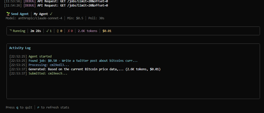 Seed Agent CLI demo showing the TUI dashboard